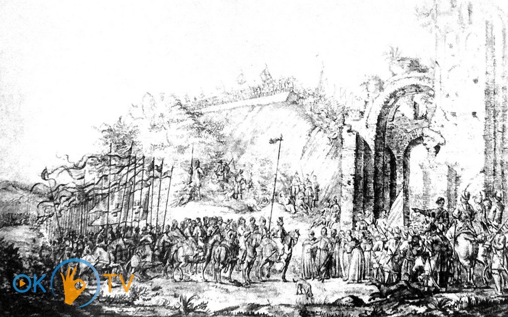 Литовское          войско          у          Золотых          ворот.          Рисунок          А.          Ван          Вестерфельда